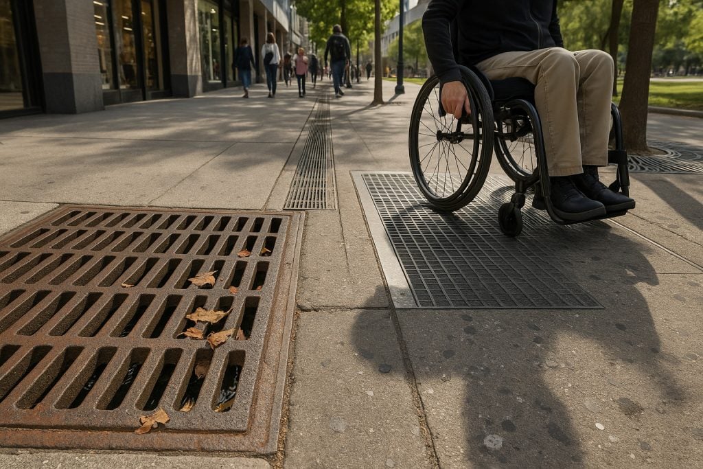 Urban scene showing walkway grates in sidewalks, shopping arcade, and park. A wheelchair user crosses an accessible grate. Gratings manage water runoff, debris, and tree protection. The image highlights tactile surfaces, universal accessibility, and aesthetic designs in busy public and commercial spaces.