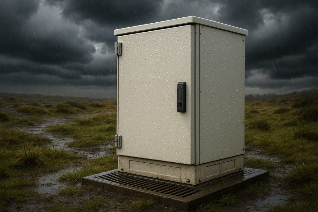 Outdoor telecom equipment cabinet with a powder-coated, water-beaded finish and secure locking, standing in rugged, rain-soaked terrain. Bolted hinges, sealed gaskets, walkway grates, grass tufts, puddles, and dramatic thunderclouds emphasise durability and weather resistance in demanding environments.