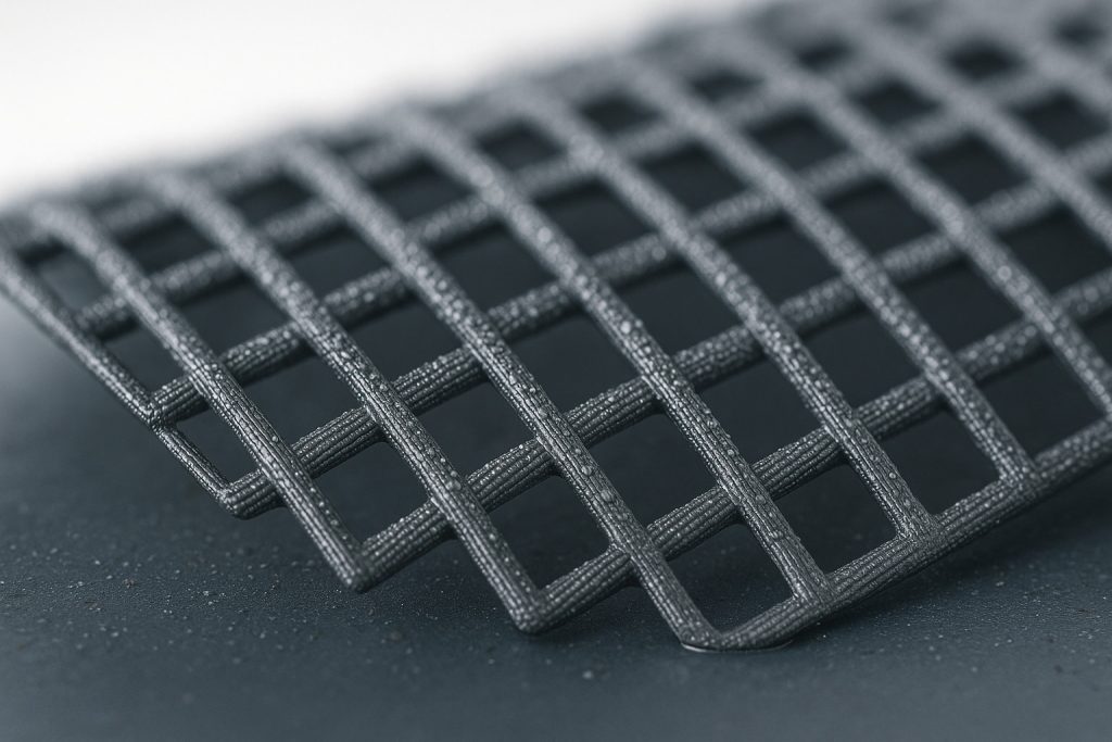 Macro photo of an innovative slip-resistant mesh with interlocking metallic fibers. The lattice pattern features microscopic grooves and nodules for traction, with water droplets clinging to the surface.